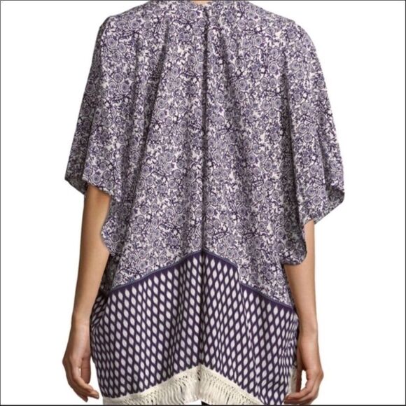 Blue Floral Relax Sleeve Open Front Short Tassel Trim Kimono NEW - Picture 3 of 4